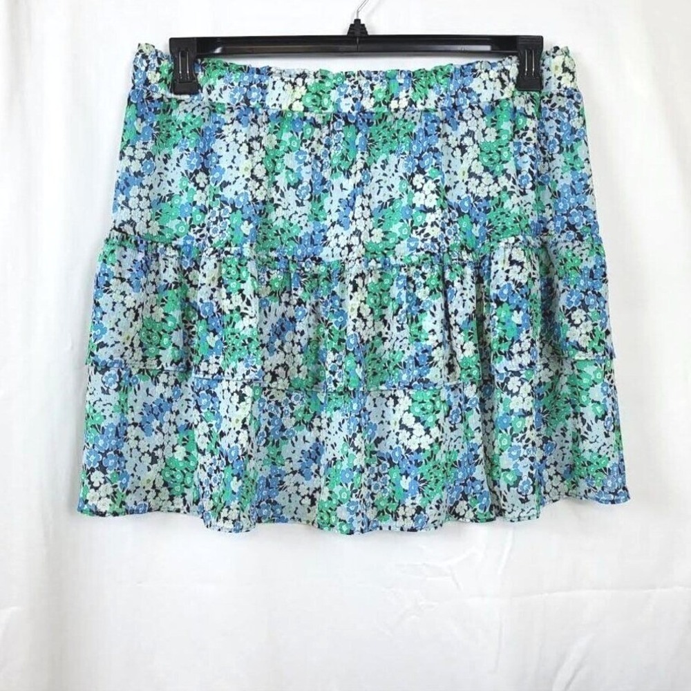 Loft Women Boho Blue White Green Floral Tiered Ruffled Chiffon Mini Skirt XL New